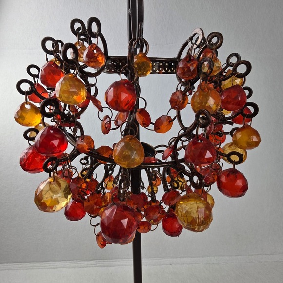 Unbranded Other - Bronze Beaded Hanging Tea Light Candle Holder Amber Red Acrylic Jewel Tones Boho